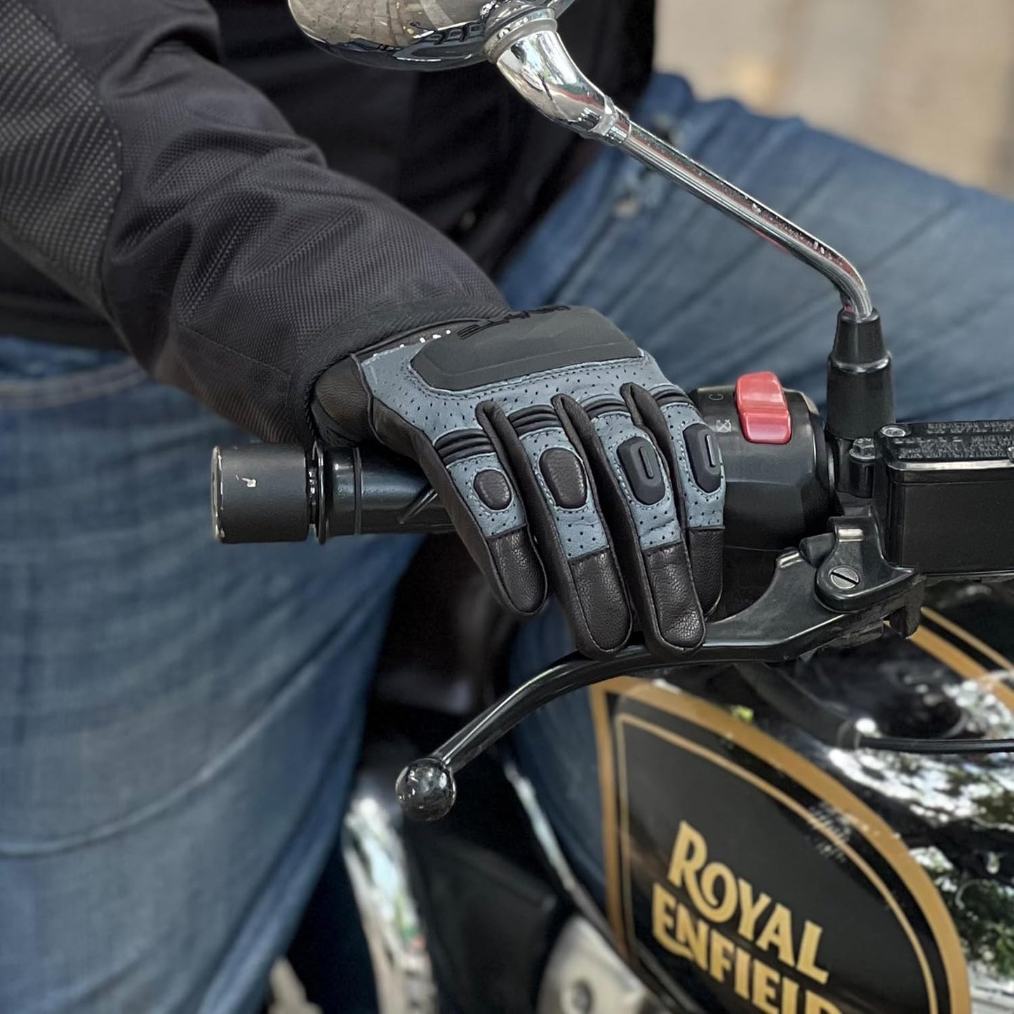 Ignyte Gauntlet Full Finger Bike Riding Leather Gloves with Touch Screen Sensitivity at Thumb and Index Finger, Protective Off-Road Motorbike Racing (Grey) .