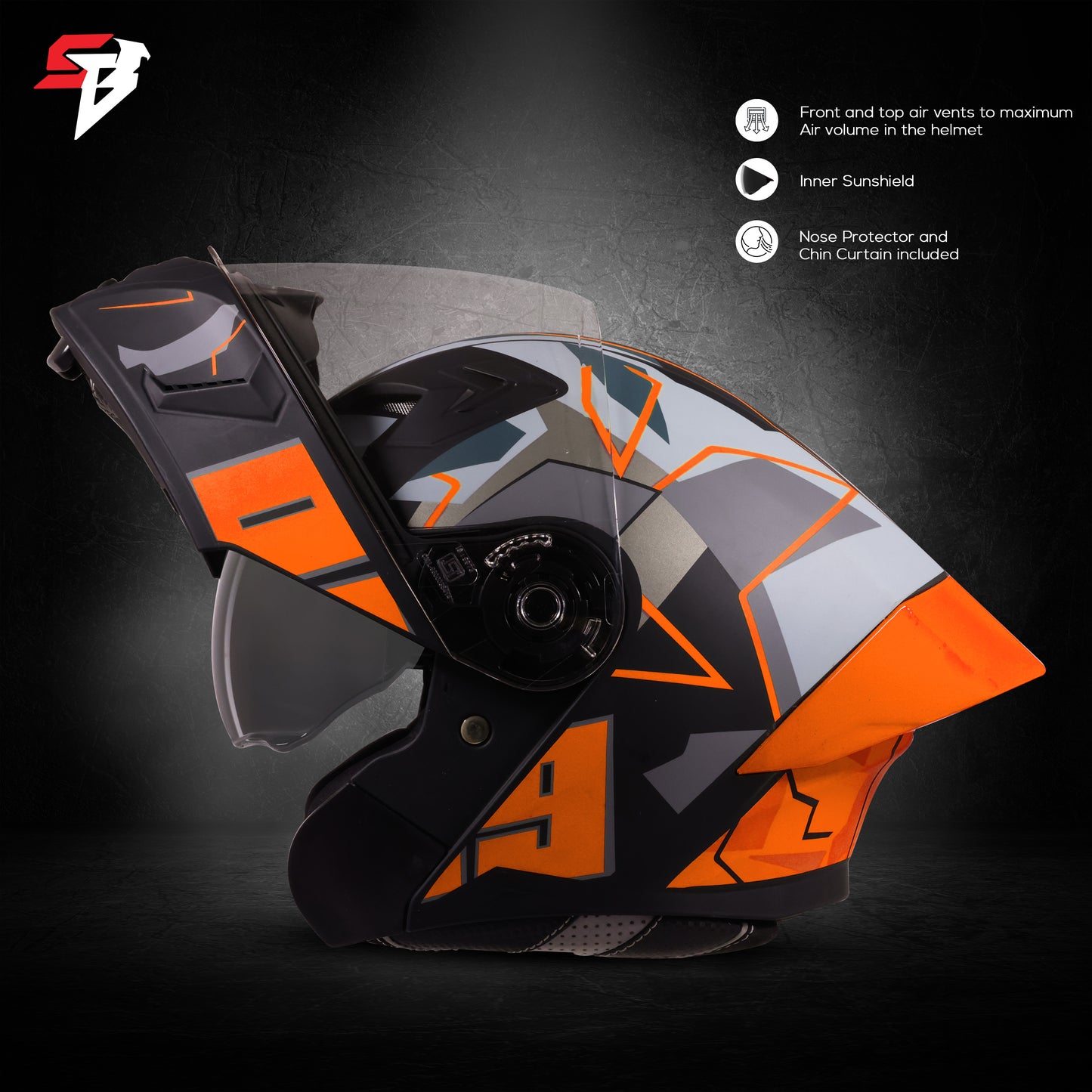 Steelbird SBA-20 09 ISI Certified Flip-Up Graphic Helmet for Men and Women with Inner Chrome Sun Shield .(Glossy Black Orange with Smoke Visor)