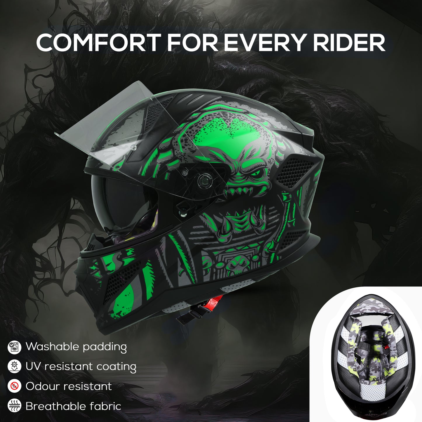 Steelbird SBH-25 Predator ISI Certified Full Face Graphic Helmet for Men and Women (Glossy Black Green with Inner Smoke Sun Shield).