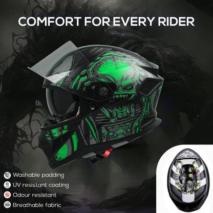 Steelbird SBH-25 Predator ISI Certified Full Face Graphic Helmet for Men and Women (Glossy Black Green with Inner Smoke Sun Shield).