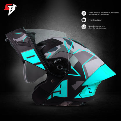 Steelbird SBA-20 09 ISI Certified Flip-Up Graphic Helmet for Men and Women with Inner Chrome Sun Shield. (Glossy Black Jazz Blue with Smoke Visor)