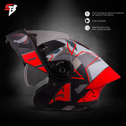 Steelbird SBA-20 02 ISI Certified Flip-Up Graphic Helmet for Men and Women with Inner Chrome Sun Shield .(Glossy Black Red with Smoke Visor)
