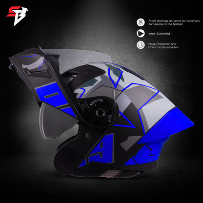 Steelbird SBA-20 09 ISI Certified Flip-Up Graphic Helmet for Men and Women with Inner Chrome Sun Shield(Glossy Black Blue with Smoke Visor)