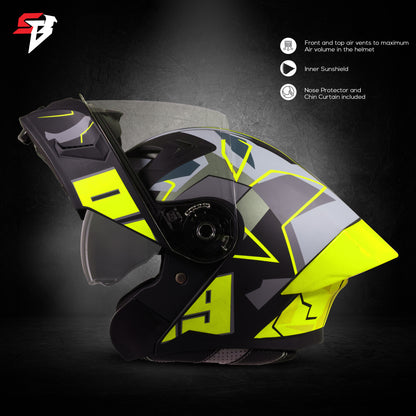 Steelbird SBA-20 09 ISI Certified Flip-Up Graphic Helmet for Men and Women with Inner Chrome Sun Shield .(Glossy Black Neon with Smoke Visor)