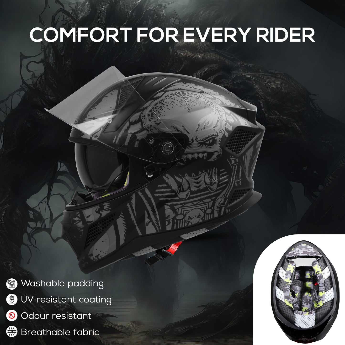 Steelbird SBH-25 Predator ISI Certified Full Face Graphic Helmet for Men and Women (Glossy Black Grey with Inner Smoke Sun Shield)