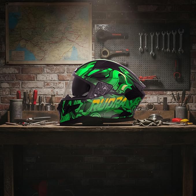 Steelbird SBH-25 Rudra Agni ISI Certified Full Face Graphic Helmet for Men with Inner Smoke Sun Shield ( Glossy Black Green)