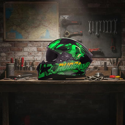 Steelbird SBH-25 Rudra Agni ISI Certified Full Face Graphic Helmet for Men with Inner Smoke Sun Shield ( Glossy Black Green)