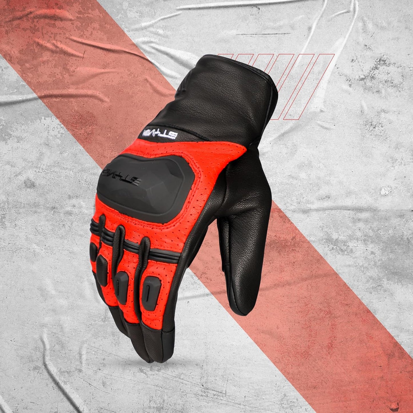 Ignyte Gauntlet Full Finger Bike Riding Leather Gloves with Touch Screen Sensitivity at Thumb and Index Finger, Protective Off-Road Motorbike Racing (Red)