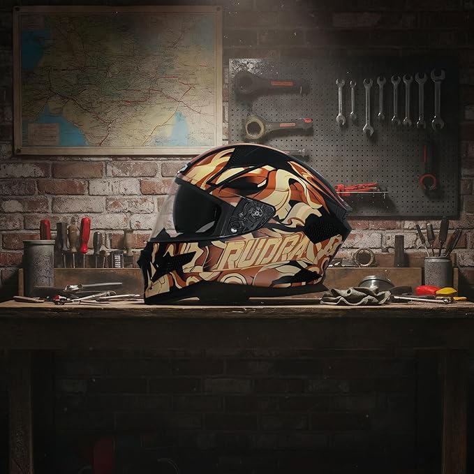 Steelbird SBH-25 Rudra Agni ISI Certified Full Face Graphic Helmet for Men with Inner Smoke Sun Shield (Glossy Black Light Brown)
