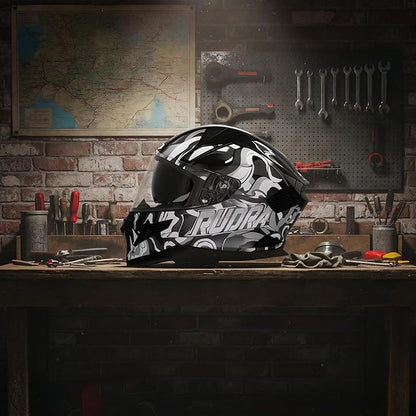 Steelbird SBH-25 Rudra Agni ISI Certified Full Face Graphic Helmet for Men with Inner Smoke Sun Shield ( Glossy Black Grey)
