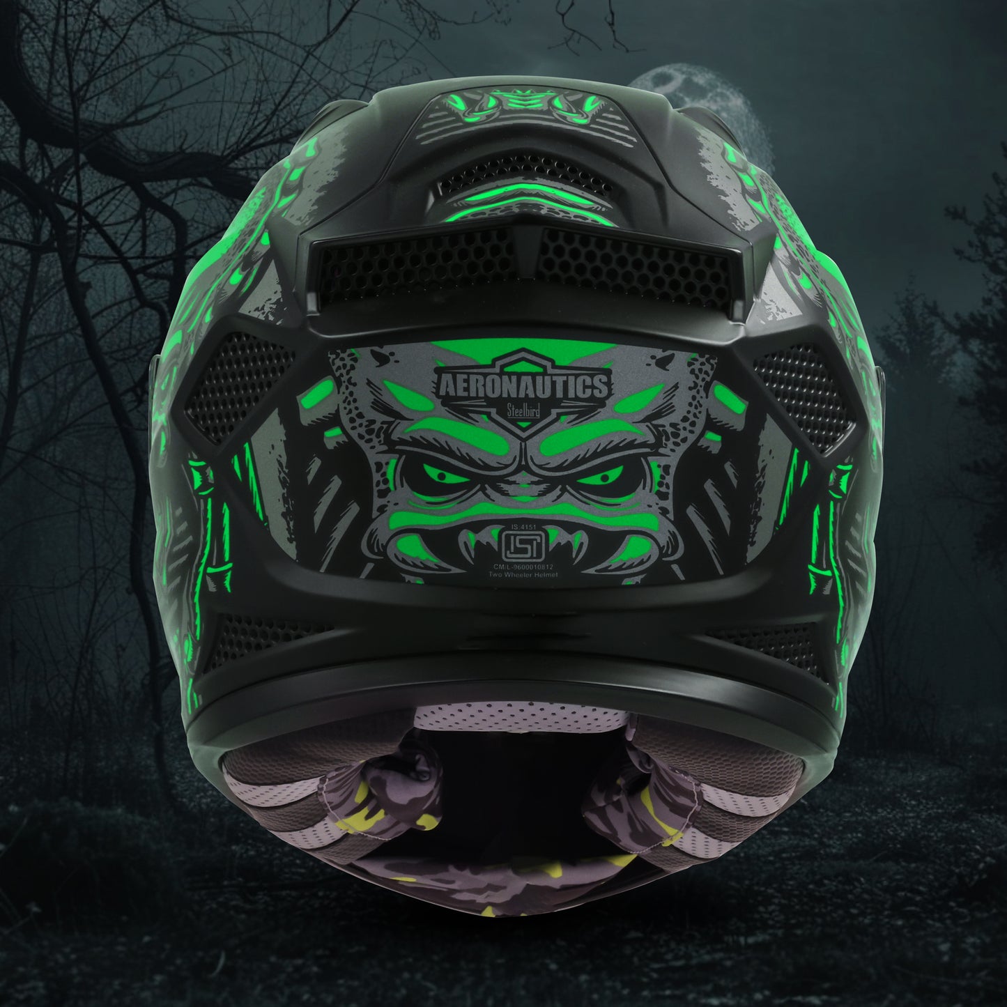 Steelbird SBH-25 Predator ISI Certified Full Face Graphic Helmet for Men and Women (Glossy Black Green with Inner Smoke Sun Shield).