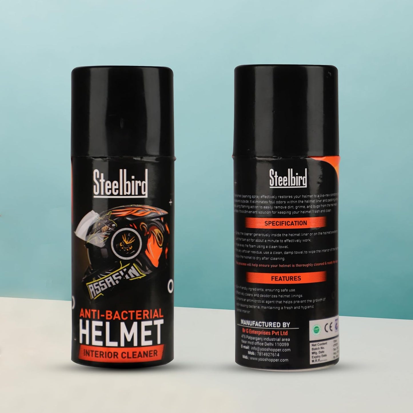 Steelbird Helmet Interior Foam Cleaner Anti Bacterial Spray, Deep Cleaning For Helmet Interior, Protects From Hair Loss- 150 Ml, Black