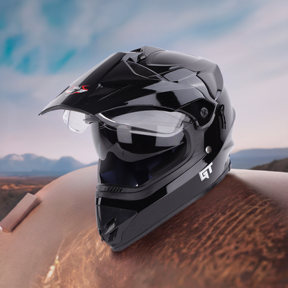 Steelbird GT Off Road ISI Certified Motocross Double Visor Full Face Helmet Outer Clear Visor and Inner Smoke Sun Shield.(Glossy Black)